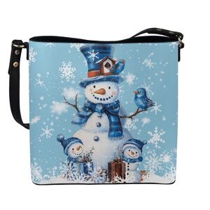 1532 Blue Snowman Print Leather Christmas Handbag Big Capacity Travel